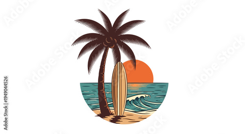 Tropical beach scene with palm tree, surfboard, ocean wave, and sunset.