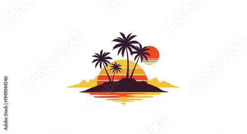 Tropical island with palm trees at sunset, retro style