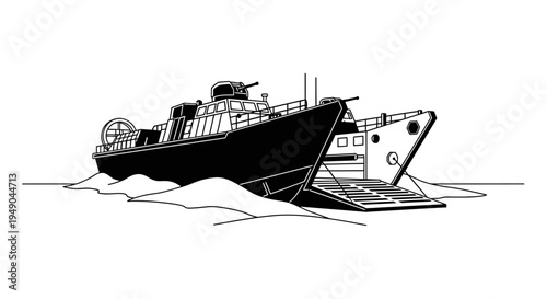 Military Landing Craft with Guns, Open Ramp, Navigating Choppy Waters, Black and White Illustration