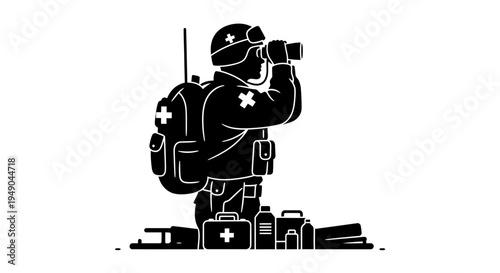 Military Medic with Binoculars and Medical Gear, Soldier Search and Rescue