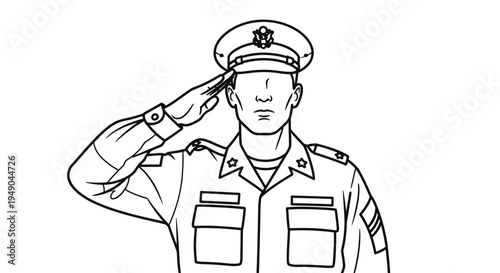 Military Officer Saluting in Uniform - Line Art Illustration