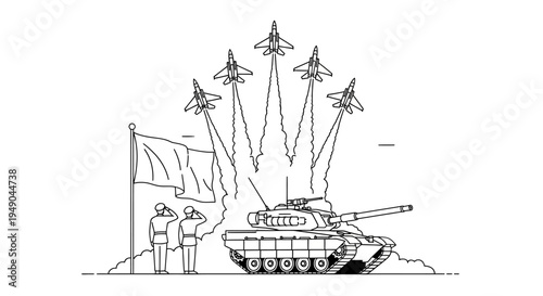 Military Parade: Fighter Jets, Tank, Flag, and Soldiers Saluting