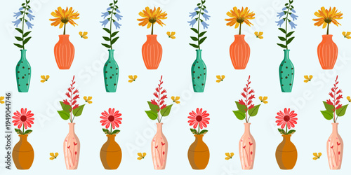 This vector illustration set of leaves and flowers in a vase is perfect for autumn, featuring nature icon patterns, natural backgrounds, and tropical fabric patterns.