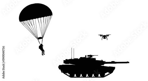 Military Paratrooper, Tank, and Drone Silhouette - Modern Warfare and Technology