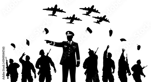 Military Paratroopers Jumping From Airplanes With Commander Directing