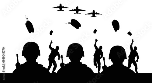 Military Paratroopers Jumping From Airplanes, Dropping Supplies