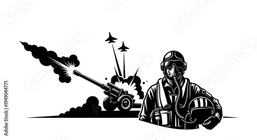 Military Pilot and Artillery Battle Scene with Fighter Jets