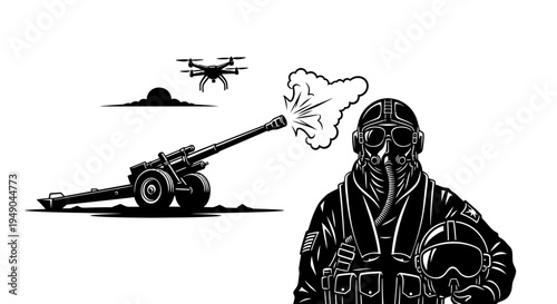 Military Pilot and Drone with Artillery Firing in Combat Scene
