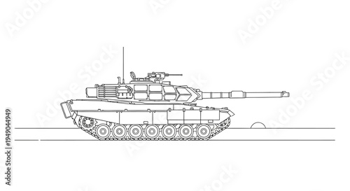 Modern Military Tank Blueprint Drawing, Side View, Military Vehicle Concept Art