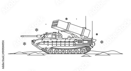 Modern Rocket Launcher Tank on Snowy Ground - Line Art Illustration