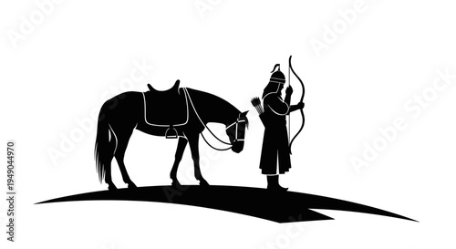 Mongol Warrior Archer with Horse Silhouette on Hilltop