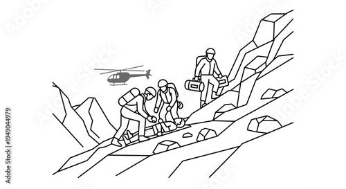 Mountain Rescue Team Evacuating Injured Person by Helicopter in Steep Terrain