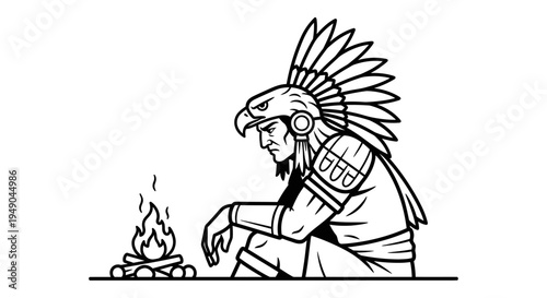 Native American Warrior in Eagle Headdress Sitting by Campfire - Black and White Illustration