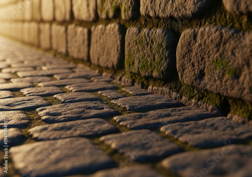 Old Cobblestone Path and Mossy Stone Wall Glowing in Golden Hour Sunlight, Vintage European City Alleyway Architecture and Heritage Travel Concept