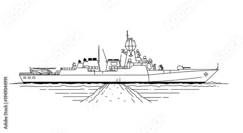 Naval Destroyer Ship Silhouette on Water with Roadway Graphic Element