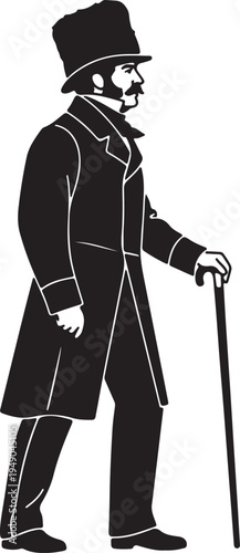 Silhouette of a man in 1800s fashion, wearing a top hat and a long coat, holding a walking stick, depicted in a classic profile.