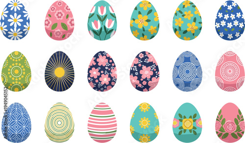 "Collection of decorated Easter eggs with vibrant floral, geometric, striped, and spiral patterns, colorful spring holiday celebration design showcasing creativity, diversity, and festive 