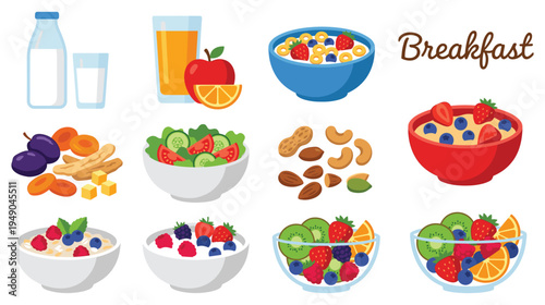 Healthy breakfast collection with fruit bowls milk cereal and yogurt