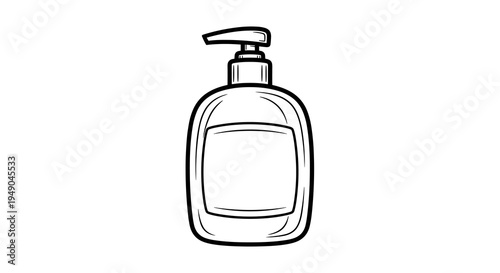 Hand Soap Bottle Drawing for Personal Hygiene Routine: Sanitization in Home or Public Bathrooms for Disease Prevention, Health, and Wellness. Black and White Line Art Illustration for Graphic Design