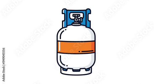 Propane Gas Tank Illustration: Outdoor Cooking Equipment Isolated on White Background. Portable Fuel Container for Grill Camping, BBQ, Welding & Heating. Blue, Orange, White Vector Design Graphics
