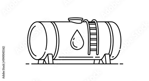 Crude Oil Tank on Platform Stands for Petroleum Storage Fuel Reserves, Isolated Oil Industry Concept Illustration, Black Line Chemical Container for Gasoline Diesel Fuel, Power Generation