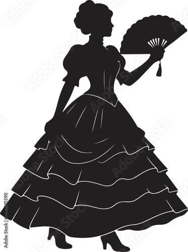 An elegant black silhouette of a woman in an elaborate ruffled 1800s-style ball gown, holding a delicate folding fan.