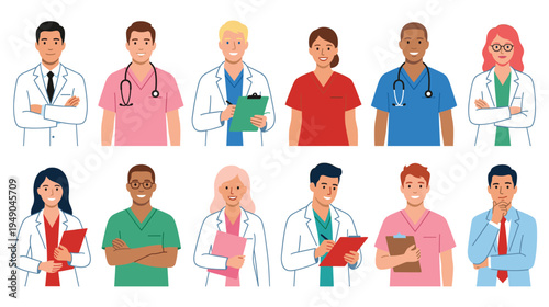 Medical team of doctors and nurses standing together in hospital hall