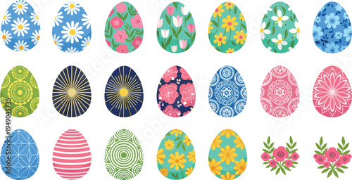 "Colorful decorative Easter eggs with floral spring patterns, vibrant holiday celebration design featuring daisies, tulips, spirals, geometric motifs, and festive seasonal arrangements"