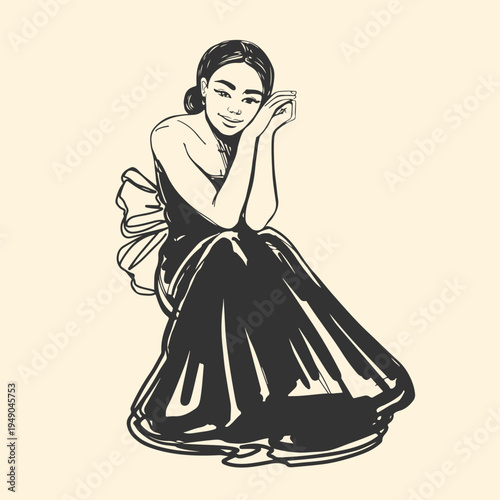 Beautiful girl in an evening dress. Vector illustration of trendy minimalist style