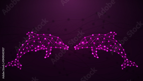Digital Neon Dolphin Network Background, Futuristic Low Poly Dolphin Connection Concept, Abstract Tech Dolphin Wireframe Illustration, Glowing Pink Dolphin Data Network Design