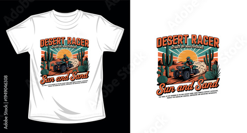 Desert racer sun and sand vintage graphic vector art t-shirt design print template with atv quad bike and cactus landscape illustration