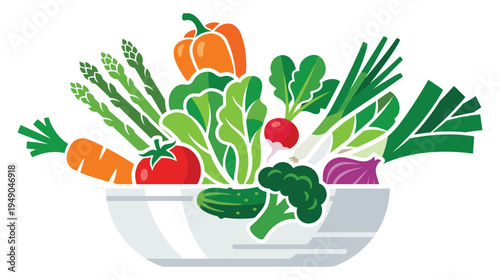 Fresh organic vegetable bowl with healthy assorted greens and tomato