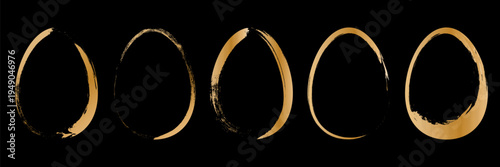 Collection of golden brush egg frames isolated on black background for luxury easter design. Elegant vector illustration set for greeting card, spring celebration banner and religious decoration