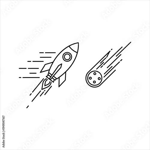 Rocket ship escaping asteroid with fire and speed lines space exploration sci-fi isolated on white background