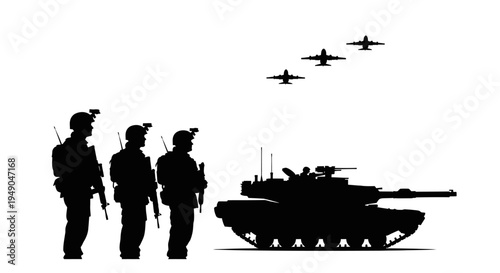 Military Silhouette: Soldiers, Tank, and Airplanes in Formation