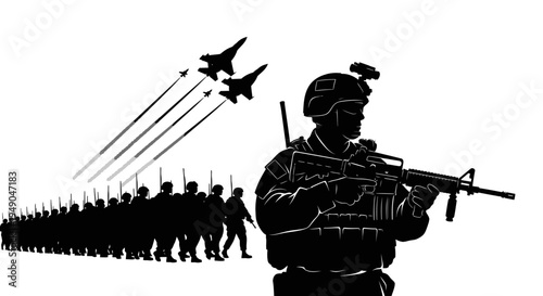 Military Soldier and Air Force Jets in Formation - Silhouette Concept