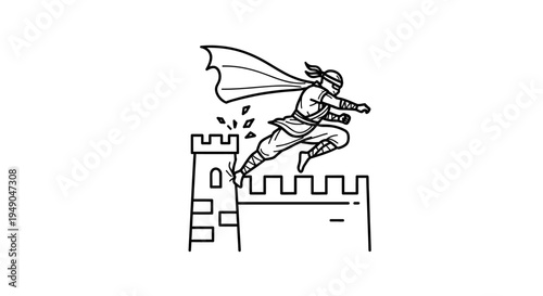 Ninja Superhero Leaping Over Castle Wall with Cape Flying