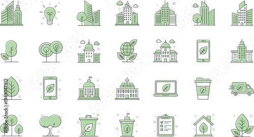 Eco friendly city and sustainability line icon set with green buildings, renewable energy, recycling, nature technology vector illustration