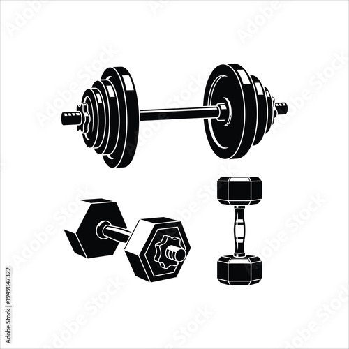 Weightlifting Equipment Vector Set: Barbell and Dumbbells for Fitness Training Isolated on white background