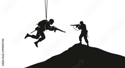 Paratrooper Soldier Descending with Rifle, Facing Opponent on Hilltop Silhouette