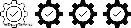 Gear check mark icons set representing settings approval, system configuration success, verification process symbol, industrial cogwheel checklist vector illustration collection