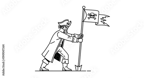 Pirate planting flag on island, skull and crossbones, treasure map concept, adventure symbol