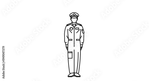 Pilot Standing at Attention in Uniform, Full Body Shot, White Background