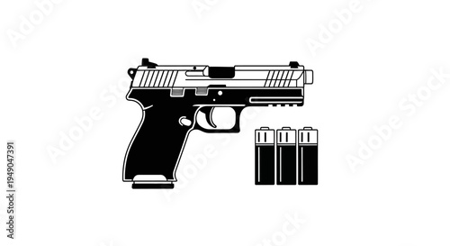 Pistol and Ammunition Icon: Firearm, Bullets, Power, Security, Danger, Crime