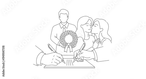 Same-sex couple signing marriage certificate with officiant and wreath