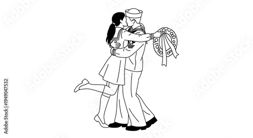 Sailor Kissing Girlfriend Goodbye or Hello, Military Love Story, Vintage Style Line Art
