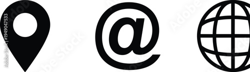 Location Pin, Email Symbol and Globe Icon Set Minimal Black Communication and Navigation Vector Symbols Isolated on White Background