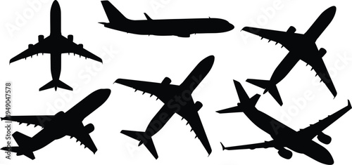 Collection of six commercial airplane silhouettes, black vector icons of passenger jets in side profile and varied flight angles isolated on white.