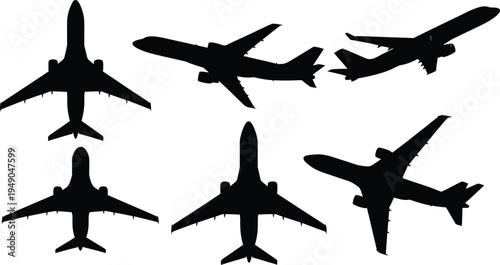 Collection of six commercial airplane silhouettes, black vector icons of passenger jets in various flying and banking angles isolated on white.