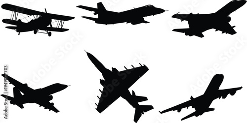 Collection of six diverse aircraft silhouettes, black vector icons of fighter jets, vintage biplanes, and helicopters isolated on white.